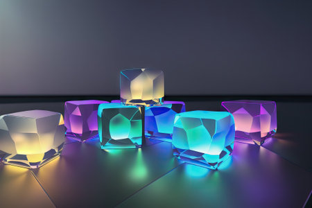 Crystal cubes or blocks with refraction effect of rays in glass. Clear boxes of acrylic or plexiglass with holographic gradient, generative ai.の素材