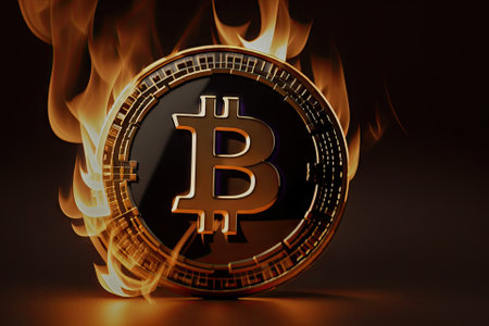 Golden bitcoin coin in fire flame. Burning crypto currency bitcoin symbol illustration, generative ai, on black background.の素材
