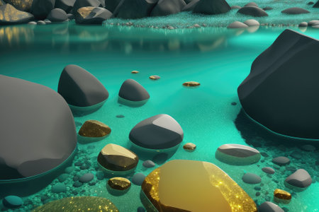 Natural polish textured sea glass and stones on the seashore. Azure clear sea water with waves, generative ai. Beach summer background.の素材