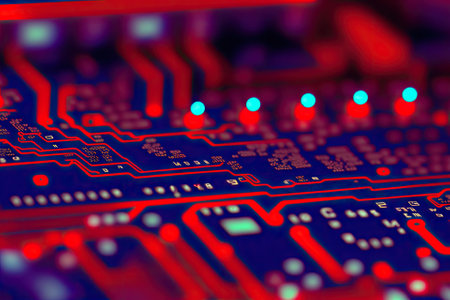 Abstract neon blue purple tech circuit board lines sci-fi design. Futuristic computer chip background. Generative ai imageの素材