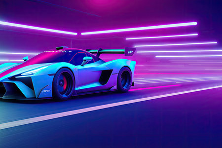 Futuristic Sports Car On Neon Highway. Powerful acceleration of a supercar on a night track with colorful lights, generative ai.の素材