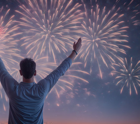 a man raising his arms in the air with fireworks in the backgkound, generative ai artの素材