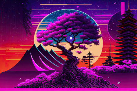a painting of a tree with a full moon in the background, pink neon colors, generative ai artの素材
