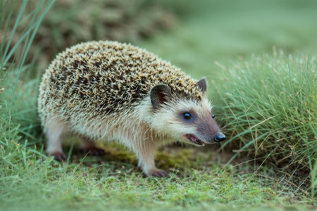 Cute baby hedgehog closeup on grass, Baby hedgehog playing on grass, generative ai imageの素材