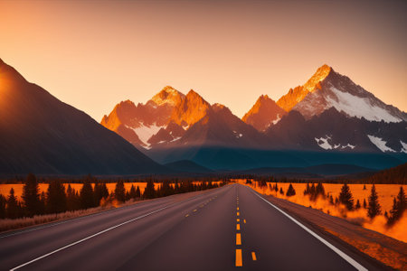 A long straight road leading towards a snow capped mountain, generative ai.の素材