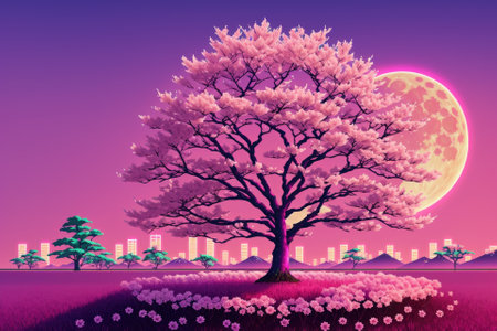 a painting of a tree with a full moon in the background, pink neon colors, generative ai artの素材