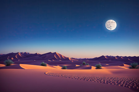 Desert with a full moon with the night scene background, generative ai artの素材