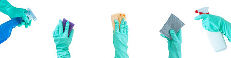 Banner: hands in mint blue rubber gloves with cleaning products, washing sponges and napkins....