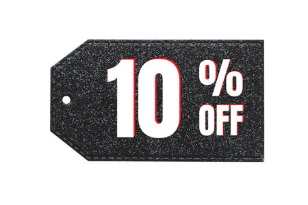 The inscription 10% off (ten percent) in white and red letters on a black shiny label.