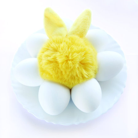 bright yellow toy bunny on a plate with white eggs on a white background. concept Easter.