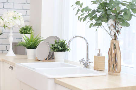 kitchen area with artificial flowers in flower pots, plates on a wooden stand, a large sink with a tap.の写真素材
