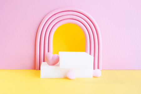 abstract minimalistic pink stage with two rectangular white podium on yellow, pink heart and fluffy...