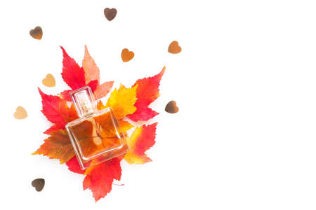 bottle of perfume on red-yellow autumn leaves on a white background. copy space.の写真素材
