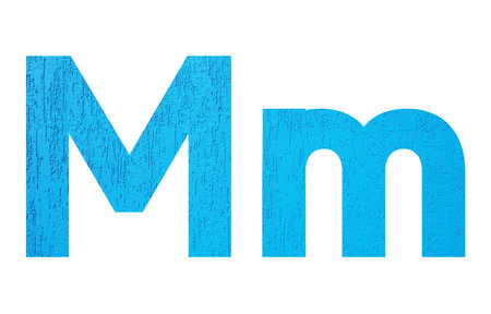 Alphabet uppercase and lowercase letters M with wall texture. Blue letter M in upper and lower case isolated on white background.の写真素材