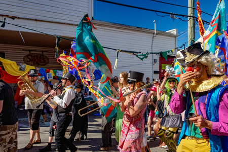 Courtenay~Vancouver Island, BC, Canada June 3rd 2017. Golden Honey Second Line performing in the Carnival on the Commons at The Elevate Arts Festival held in downtown Courtenay, Vancouver Island, BC Canadaheld in downtown Courtenay, Vancouver Island, BC Cのeditorial素材