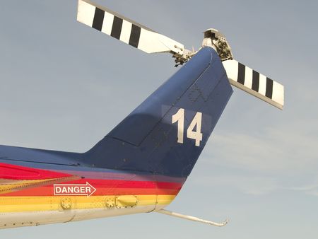 Helicopter tail rotor with danger warning displayedの写真素材