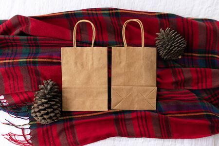 Plain blank brown paper bag (front and back) on a tartan background with pine cones, empty for own design - winter Christmas bag mock upの写真素材