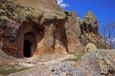 This rock-cut facade was planned never finished, it appears to have been planned as a smaller version of the Midas Monument, gives idea for construction technique. rock flattened, carved from the topの写真素材