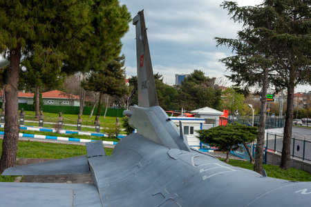 Istanbul, Yesilkoy - Turkey - 04.20.2023: F-16 Falcon Fighter Jet Plane, Supersonic jet Fighter and Bomber, Flaps and Tail Top View.のeditorial素材