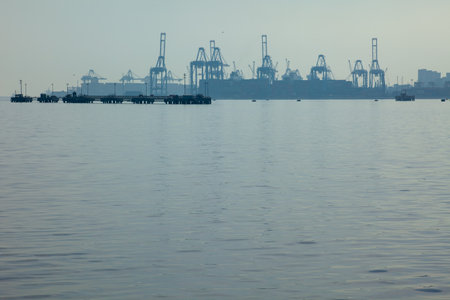 Istanbul, beylikduzu - Turkey - 05.08.2023: Ambarli Shipyard, International Sea Port, Sunset, Silhouette View of Logistic Business Center.のeditorial素材