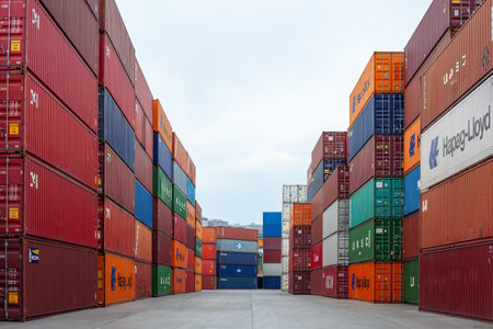 Istanbul, Beylikduzu - Turkey - 07.07.2023 Container yard for Logistic Import Export business, colorful container stack. view from between stacks.のeditorial素材