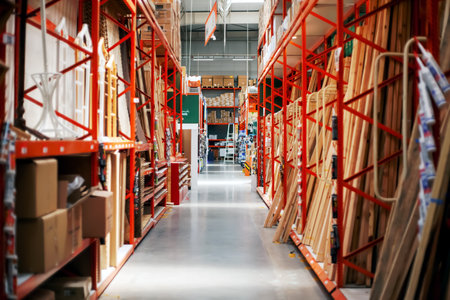 Istanbul, Beylikduzu - Turkey - 05.19.2023: construction market view from between shelf, various products through the view.のeditorial素材