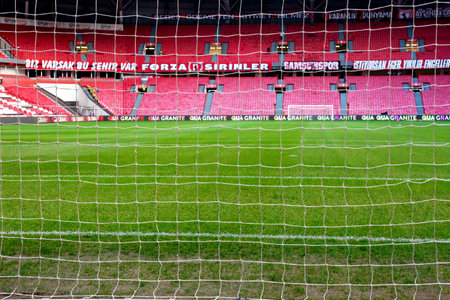 Samsun, Canik - Turkey - 08.21.2023 Samsun Sport Football Club Stadium Finish Line View, 19 May stadium, Turkey Super League Soccer Team. Goal Keeper Netsのeditorial素材