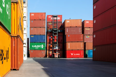 Istanbul, Beylikduzu - Turkey - 07.07.2023 Container yard for Logistic Import Export business, colorful container stack and craneのeditorial素材