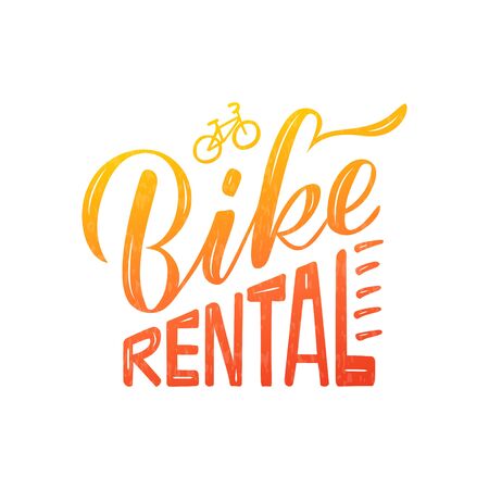 Vector illustration of bike rental brush lettering for banner, leaflet, poster, clothes, advertisement design. Handwritten text for template, signage, billboard, printing, price list, flyerのイラスト素材