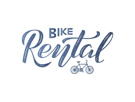 Vector illustration of bike rental brush lettering for banner, leaflet, poster, clothes, advertisement design. Handwritten text for template, signage, billboard, printing, price list, flyerのイラスト素材