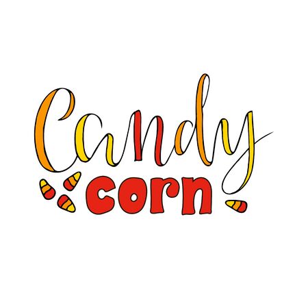 Vector illustration of candy corn brush lettering for banner, flyer, poster, clothes, confectionery or patisserie , advertisement design. Handwritten text for template, signage, billboard, print.のイラスト素材