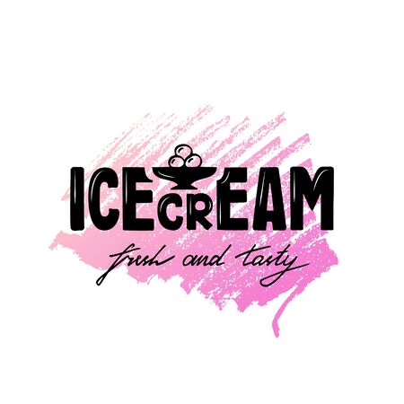 Vector illustration of icecream lettering for banner, leaflet, poster, clothes, logo, advertisement design. Handwritten text for template, signage, billboard, printing. Hand drawn text for flyerのイラスト素材