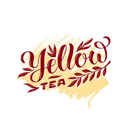 Vector illustration of yellow tea brush lettering for package, banner, flyer, poster, bistro, cafÃ©, shop signage, advertisement design. Handwritten text for template, sign, billboard, print のイラスト素材