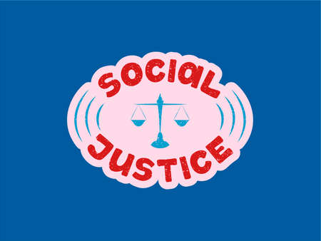 Vector illustration of social justice lettering with scales silhouette for banner, postcard, poster, clothes, advertisement, web design or decoration. Handwritten text for template, printのイラスト素材