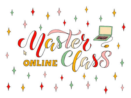 Vector illustration of master class online lettering for banner, flyer, poster, event promotion, advertisement design. Handwritten text for template, billboard, print for advertising educational activityのイラスト素材