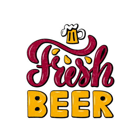 Vector illustration of fresh beer lettering for bottle stickers, banner, greeting card, advertisement, poster, invitation, shop signage, web design or print. Handwritten text for beer festivalのイラスト素材