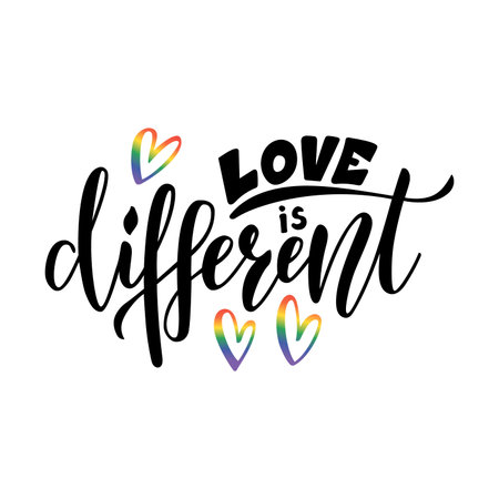 Vector illustration of love is different lettering for banner, poster,  advertisement, postcard design. Handwritten text for web template or print can be used for St Valentines day decorationのイラスト素材