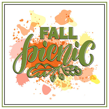 Vector illustration of fall picnic lettering for banner, advertisement, poster, invitation, web design or print. Handwritten text with red, orange and yellow watercolor backgroundのイラスト素材