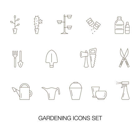 Vector illustration of gardening icons for highlights, banner, web site, invitations, catalog design or print. Black outlines of gardening accessories and plantsのイラスト素材