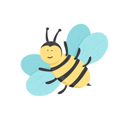 Hand drawn flat vector illustration of a flying bee. Cute insect can be used as a background, sticker, postcard, for web design, catalog, game for children, print, in educationのイラスト素材