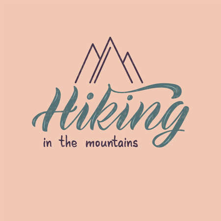 Vector illustration of hiking in the mountains lettering for banner, signage, postcard, business card, advertisement, equipment, clothes design. Handwritten colorful text with textureのイラスト素材