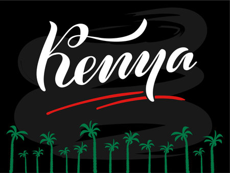 Vector illustration of Kenya brush type lettering for banner, postcard, poster, clothes, advertisement, web design or decoration. Handwritten text can be used for template, print, travel guideのイラスト素材