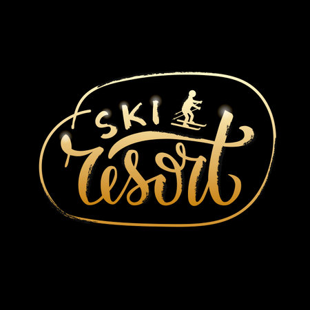 Vector illustration of ski resort lettering for banner, poster, greeting card, shop advertisement, souvenirs, clothes design. Handwritten white text for web or printのイラスト素材