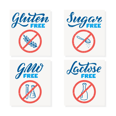 Illustration of lactose, sugar, GMO, gluten free lettering for banner, sticker, signage, package, product design, healthy food guide, restaurant menu. Handwritten decorative text for web or printの写真素材