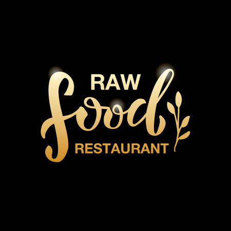 Vector illustration of raw food restaurant lettering for banner, poster, signage, sticker, healthy food guide, menu, package, product design. Handwritten decorative text for web or printのイラスト素材