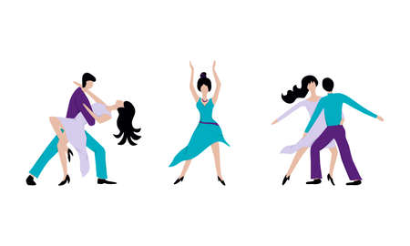 Vector illustration of isolated silhouettes of dancing people for banner, poster, invitation, logo, advertisement design or print. Flat drawings of two couples and one woman during the danceのイラスト素材