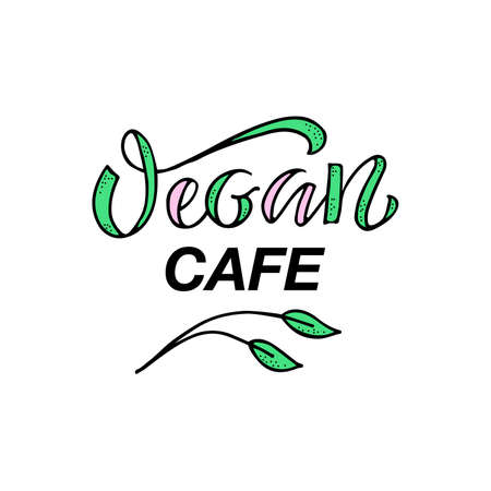 Vector illustration of vegan cafe lettering for banner, signage, business card, advertisement, product design, healthy food guide, menu. Handwritten creative text for web or printのイラスト素材