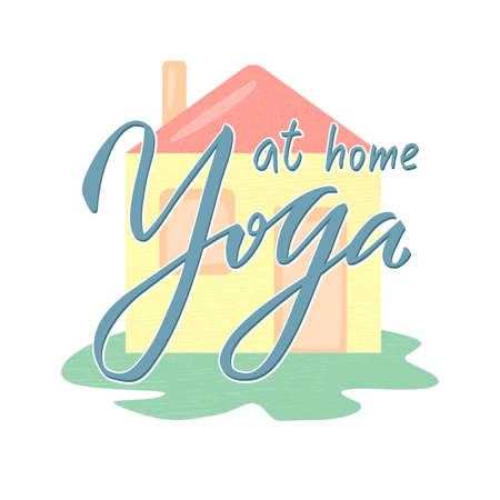 Vector illustration of yoga at home creative isolated lettering for banners, posters, catalogs, article headlines, product design, clothing labels. Handwritten calligraphic text for web or printのイラスト素材