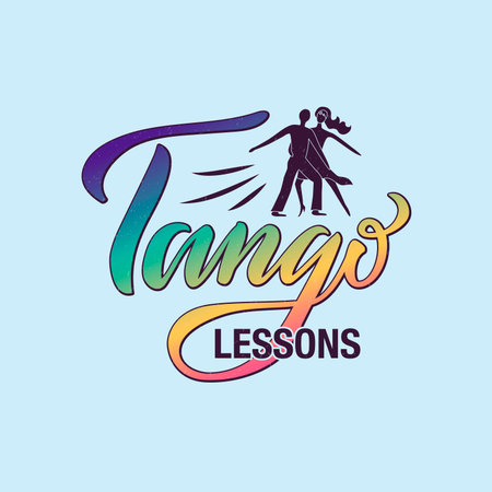 Vector illustration of tango lessons lettering with a dancing couple for banner, poster, business card, dancing club advertisement, signage design. Hhandwritten text for the internet or printのイラスト素材