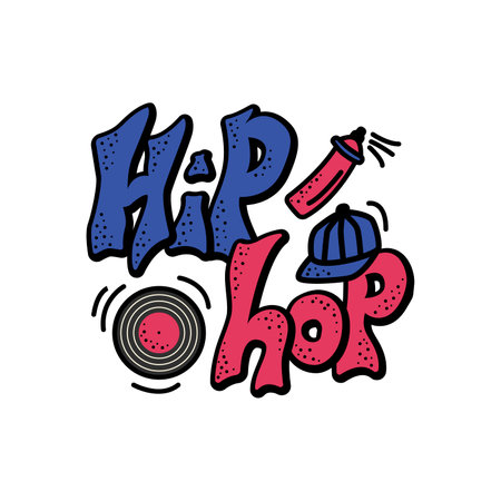 Vector illustration of hip hop lettering with a baseball cap, compact disk and graffiti spray for banner, poster, dance studio ads, signage, clothing design. Creative text for the internet or printのイラスト素材